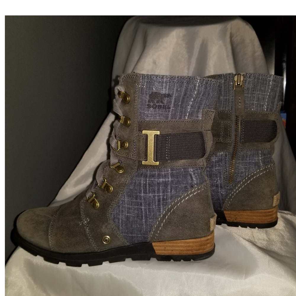 Sorel Major Carly Boots Women 7.5 Gray Excellent Suede Canvas Lace Up NL2158-053 - Picture 2 of 8